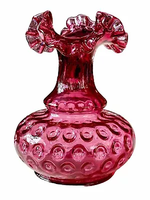 Gorgeous Vintage Fenton Glass Cranberry Double Ruffled Thumbprint Vase 6” • $24