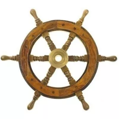 12  Vintage Boat Ship Steering Wheel Brass Hub Wood Wooden Decor Nautical Pirate • $22.70