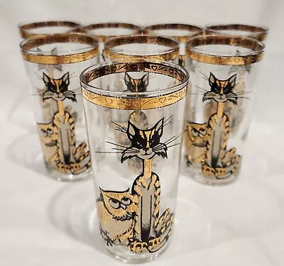 Vintage RARE MCM Culver Mid Century Cat And Owl Set Of 8 Highball Glasses 22K • $150