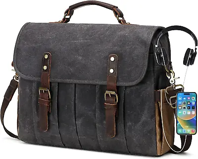 Messenger Bag For Men 15.6 Inch Vintage Canvas Genuine Leather Briefcase • $56.99