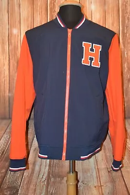 Tommy Hilfiger Men's Orange Blue Logo  H  Full Zipper Lettermans Jacket Sz L • $76.50