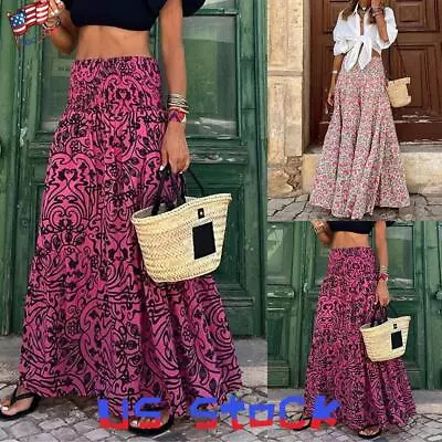 Women's Elastic Waist Boho Floral Maxi Skirt Long Holiday Beach Summer Skirts • $21.24