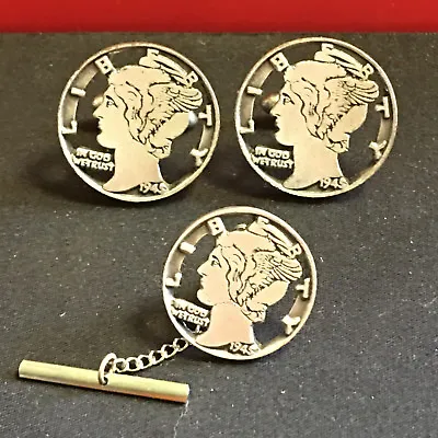 $29.95 • Buy Vtg Silver Tone Mercury Dime Cuff Links And Tie Back 