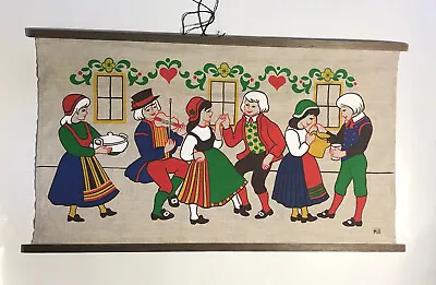 Vintage Wall Hanging Painting Pilgrims Dancing On Linen Mid Century Art 23x13  • $21