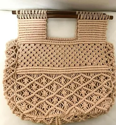 BAY SKY Macrame Crochet W/ Wood Handle Tote Bag Purse Boho Hippie • $18.74