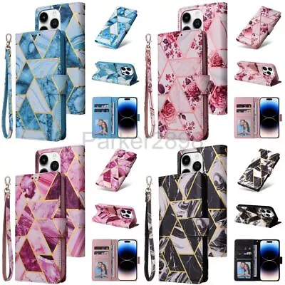 Case For IPhone 14 13 12 11 Pro Max Plus XS 8 7 6 Leather Marble Pattern Wallet • £13.19