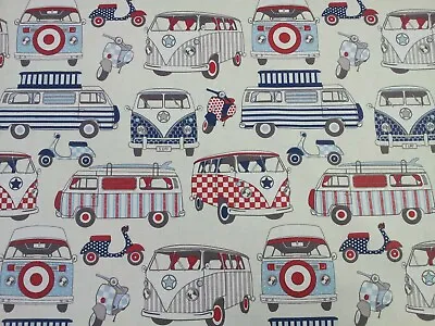 Happy Campers VW Camper Van Scooters Nautical Cotton Fabric • £7.25