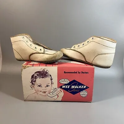 Vintage Wee Walker Baby Shoes With Box  Size 3 White Leather (WORN!!) • $4.99