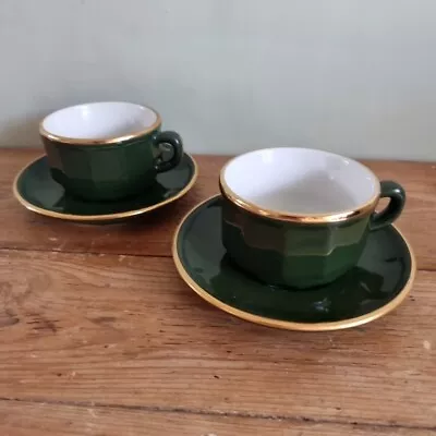 Apilco Bistro Green And Gold  Two Coffee Cups And Saucers  • £15