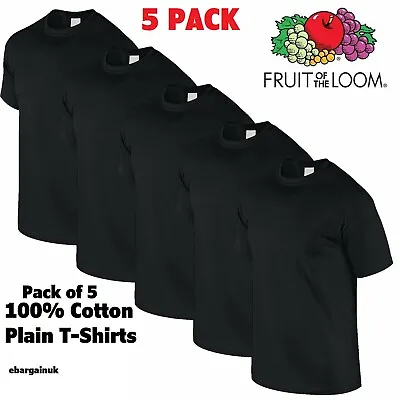 5 Pack Fruit Of The Loom Black Mens Plain Tee Cotton T Shirts Wholesale S-2xl • £13.95