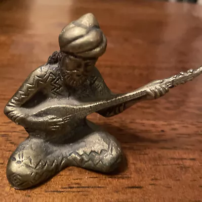 Vintage Brass Middle Eastern Man Musician Playing Mandolin Guitar 3.5”x2.5” • $27.50