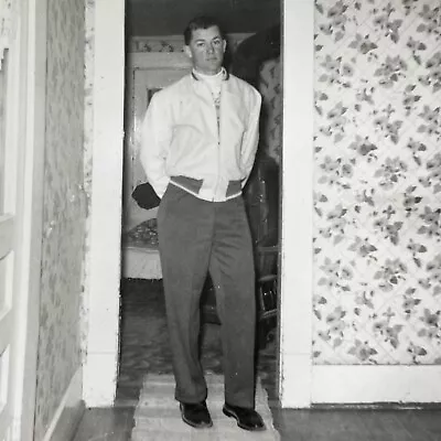 S2 Photo Handsome Man Poses In Doorway 1940-50's Floral Wallpaper Style Fashion • £14.57