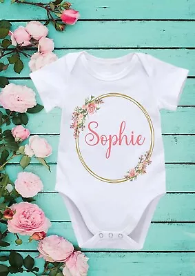 Personalised Name Floral Ring Cool Baby Girl Vest Baby Shower Gift Bodysuit  216 • £7.99