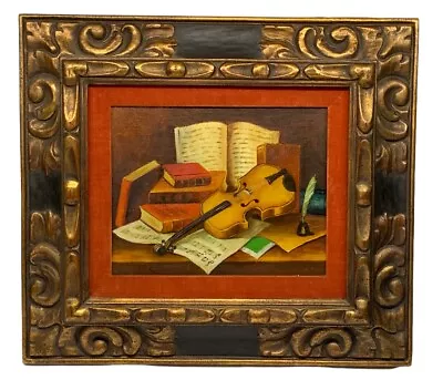 VTG Original Still Life Painting Violin Music Notes Books Ornate Frame 15X 16.5” • $99.88