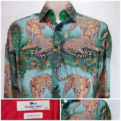 Claudio Lugli Shirt Leopard Safari Print Green Men’s UK Size Small • £59.95