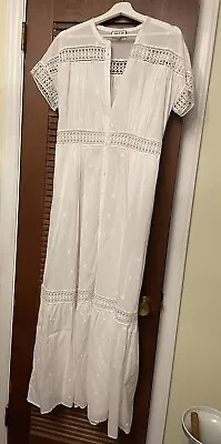 Paul And Joe Paris White Button Up Short Sleeve Long Dress With Lace Inserts. • $45