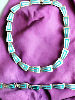 VTG TAXCO MEXICO Sterling Silver Turquoise Enamel Necklace Bracelet Set Eagle 3 • $129.99