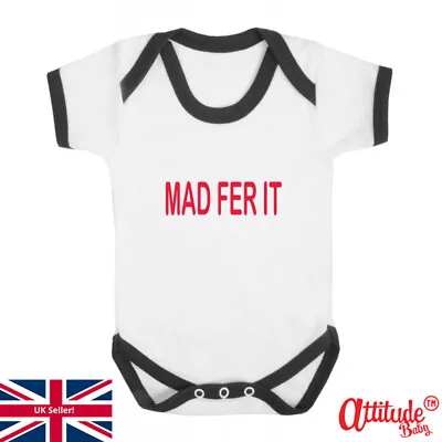 Mancunian Baby Grow-White Black Trim-Printed-Mad Fer It-6-12 Month Size Only • $10.57