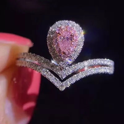 925 Sterling Silver Rings Pink Zircon Crystal Crown Womens Wedding Fine Rings • £5.77