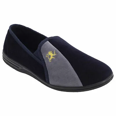 Zedzzz Mens Navy Blue Velour Lion Motif Twin Gusset Full Slippers Aaron MS480 • $50.51