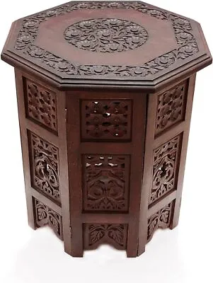Solid Wood Accent End Table - Hand Carved Vintage Boho Folding Side Table • $66.25