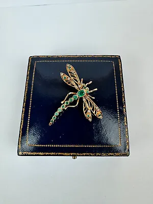 Very Beautiful Imperial Dragonfly Gold 56 Emerald Diamonds Brooch • $2900