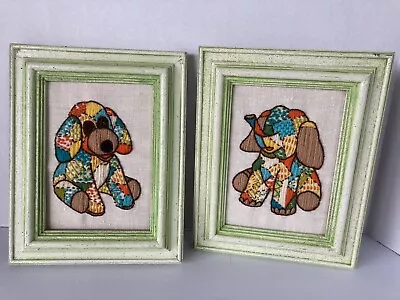 2-Hand Crewel Embroidered Mini Pictures Framed Dog And Elephant Vintage Boho • $45