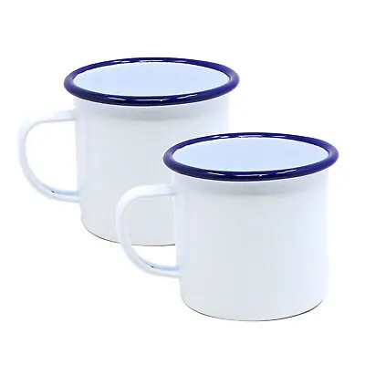 2pcs Falcon White Blue Rim 500ml Coffee Mug Enamel Tin Gas Electric Hobs Safe • £11.50