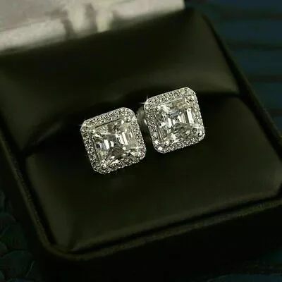 2.00Ct Asscher Cut Diamond Push Back Halo Stud Earrings 14K White Gold Finish • $128.49