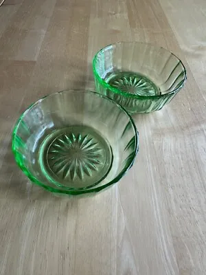2 Vintage Green Depression Vaseline Glass Berry Dessert Bowls 4  • $6