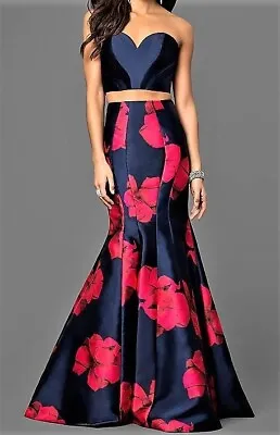 NWT 2pc Navy Hot Pink Floral Print Sweetheart Top Mermaid Pageant Prom Dress 12 • $39.39