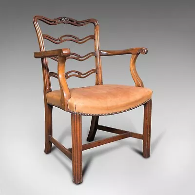 Vintage Ladder Back Study Chair Irish Leather Elbow Seat Carver Art Deco • £945