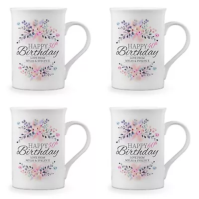 Personalised Floral Happy Birthday Novelty Gift Fine Bone China Mug • £10.99