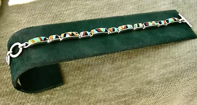 Vin NAVAJO SIGNED STERLING & COBBLESTONE MULTI-STONE INLAY LINK BRACELET BEAUTY • $149.95