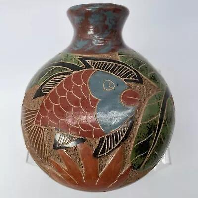 Hand Sculpted Pottery Fish Vase Signed Isaias Lopez Nicaragua Hand Tooled • $23.54