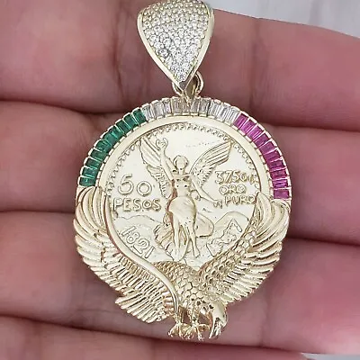 14k Yellow Gold Finish Silver Lab Created Emerald Mexican 50 Pesos Coin Pendant • $256.80