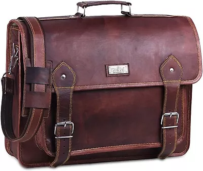 Men's 18  Goat Leather Messenger Real Satchel Bag Genuine Laptop Brown Briefcase • $57.94