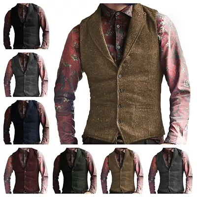 Mens Tweed Vest Retro Herringbone Vintage Wool Blend Waistcoat S M Large XL XXL • $25.16