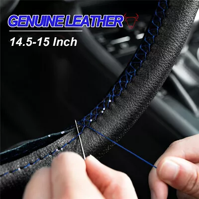 Genuine Leather DIY Car Steering Wheel Cover Breathable Anti-slip Black 38cm • $12.99