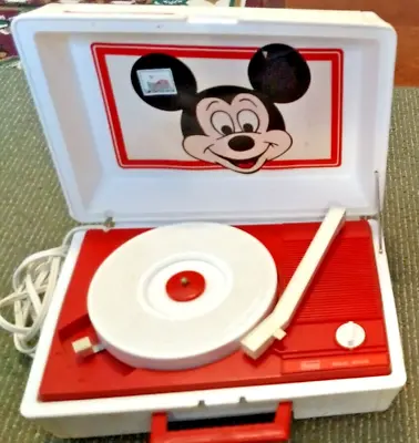 Vintage Sears Roebuck Walt Disney Mickey Mouse Red Record Player Turns On &Spins • $34.98