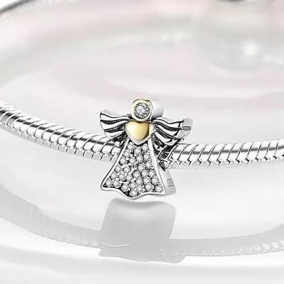 Genuine Sterling Silver 925 Memorial Angel Gold Heart Love Charm • £12.99