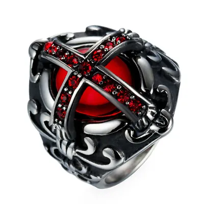 Gothic Cross Vampire Red CZ Blood Ring Stainless Steel Men Crusaders Biker Ring • $12.88
