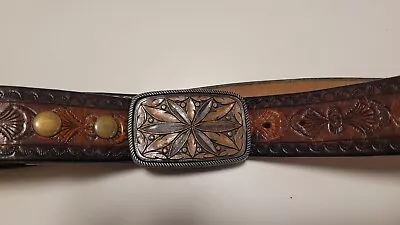 Vtg Womens WESTERN Brown Leather Detailed Design Tooled Belt 32  To 35  Buckle • $21.99