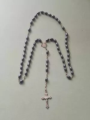 Vintage Ebony Beads + Metal Crucifix Rosary Dated 1950 #140 • £4.95