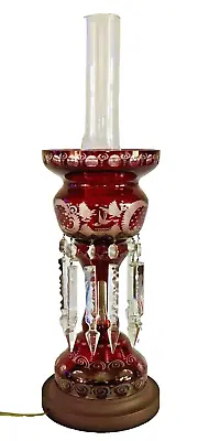 Antique Moser Design Bohemian Luster Lamp 22” Ruby Hand-Cut To Clear W/10 Prisms • $375