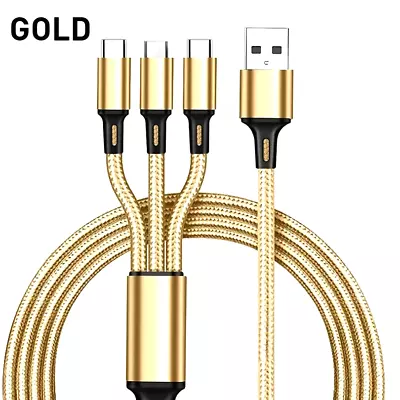Universal 3 In 1 Multi USB Fast Charging Lead Any Samsung And I Phone Gold Color • £3.75