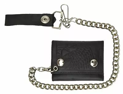 Marshal Genuine Leather Men EAGLE Trifold Wallet Chain Biker Trucker Black • $8.99