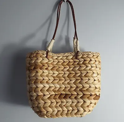 RAVEL Raffia Straw Bucket Bag Natural Tan Leather Trim Small Tote Grab Handbag • £22.99