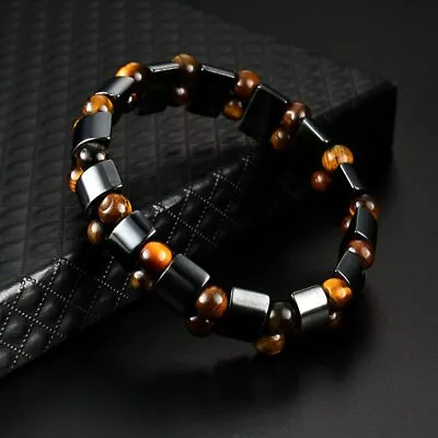 Tiger Eye Natural Stone Hematite Double Energy Bracelet Bangle Healing Men Women • $4.23