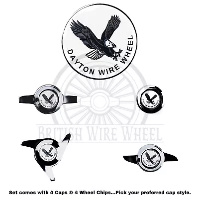 Dayton Eagle Chrome & White Metal Wheel Chip Emblems With Spinner Caps Set Of 4 • $273.58